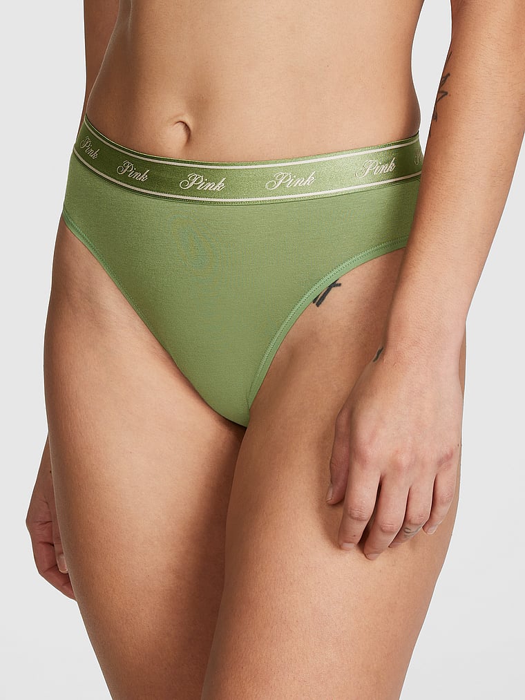 PINK Logo Cotton Brazilian Panty, Wild Grass Green, onModelFront, 1 of 3 Jocelyn is 5'8" or 173cm and wears Small