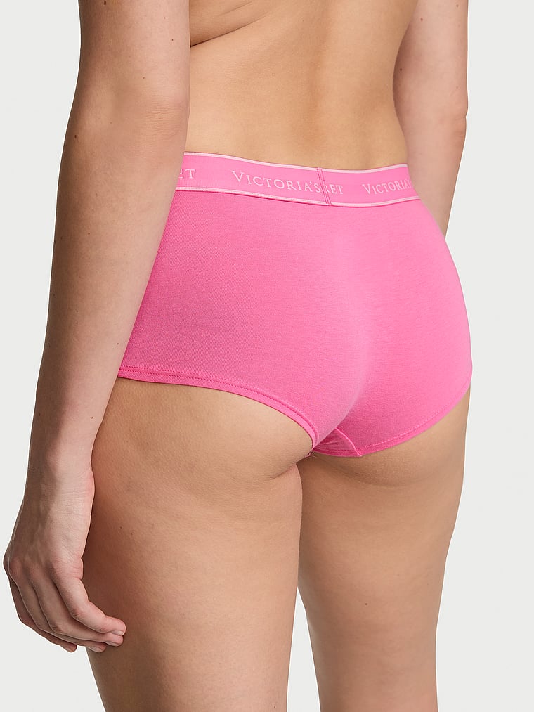 Victoria's Secret, Cotton Logo Cotton Boyshort Panty, Hollywood Pink, onModelBack, 2 of 3 Mackenzie is 5'10" or 178cm and wears Small