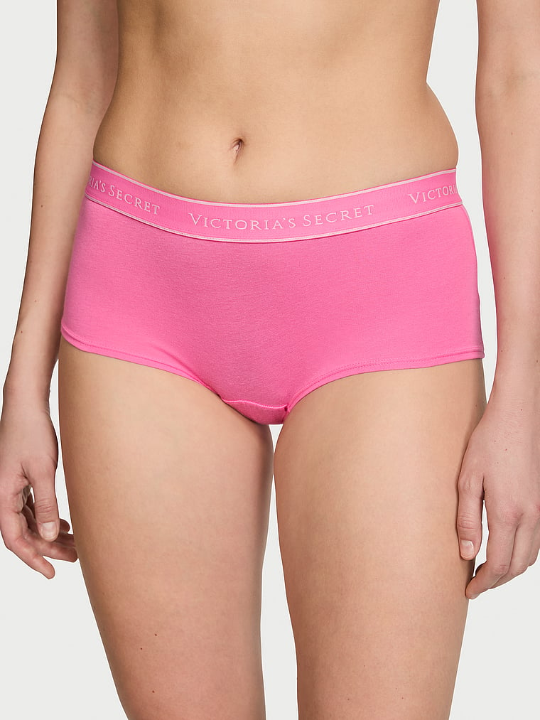 Victoria's Secret, Cotton Logo Cotton Boyshort Panty, Hollywood Pink, onModelFront, 1 of 3 Mackenzie is 5'10" or 178cm and wears Small