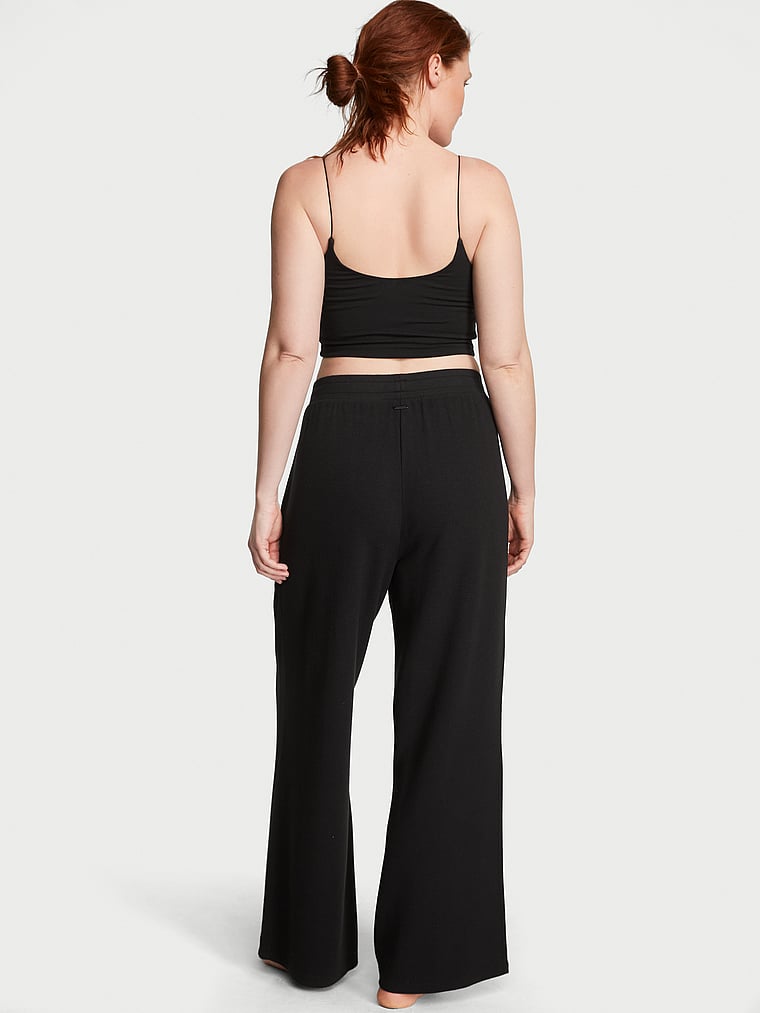 Victoria's Secret, Victoria's Secret Double Waffle Knit Wide-Leg Pants, Pure Black, onModelBack, 2 of 3 Katy is 5'11" or 180cm and wears Large