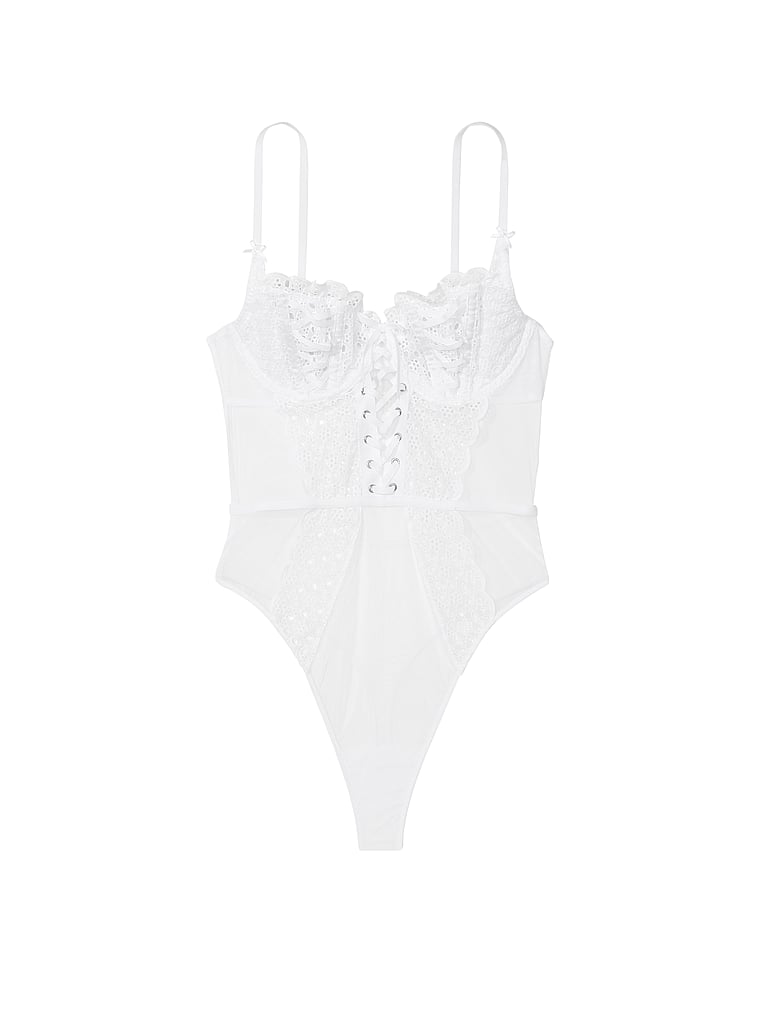 Victoria's Secret, Very Sexy Wicked Unlined Eyelet Lace Teddy, VS White, offModelFront, 4 of 4