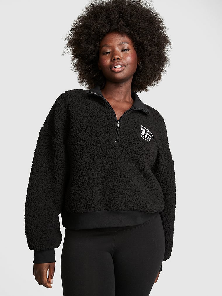 PINK Cozy Fleece Half-Zip Pullover, Pure Black, onModelFront, 1 of 5 Fanta is 5'11" or 180cm and wears Medium
