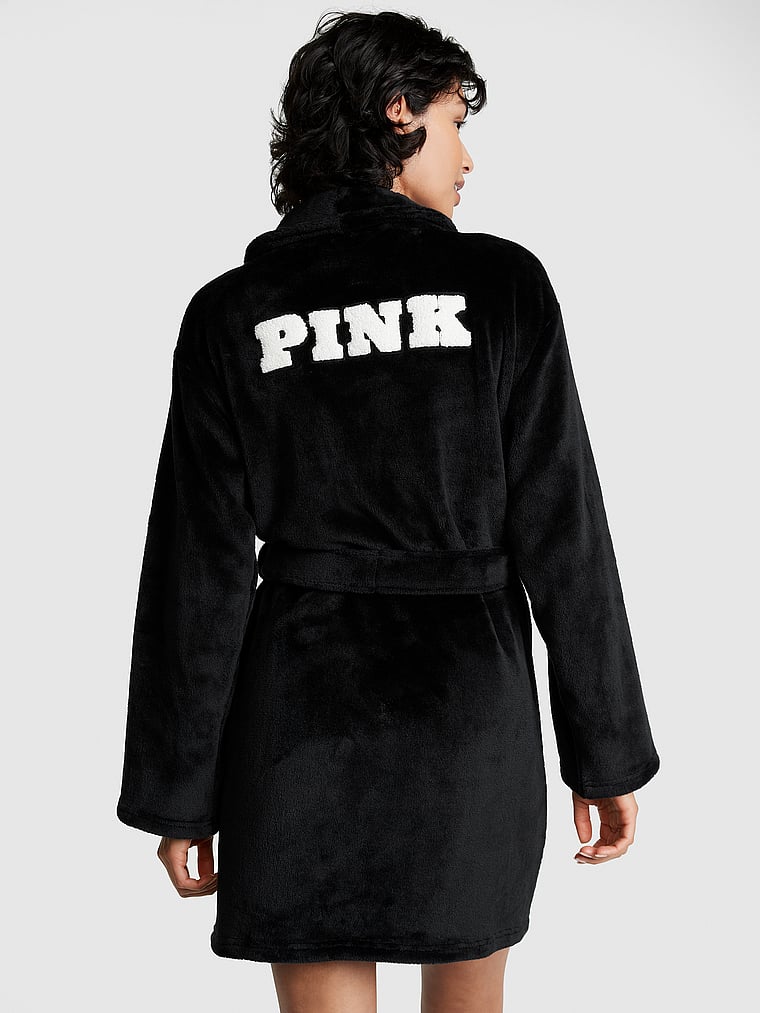 PINK Fluffy Robe, Pure Black, onModelBack, 2 of 3 Yared is 5'10" or 178cm and wears Small