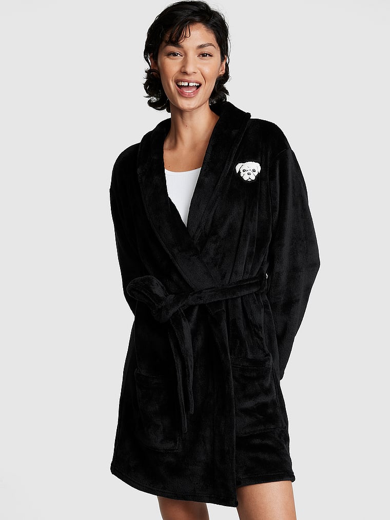 PINK Fluffy Robe, Pure Black, onModelFront, 1 of 3 Yared is 5'10" or 178cm and wears Small