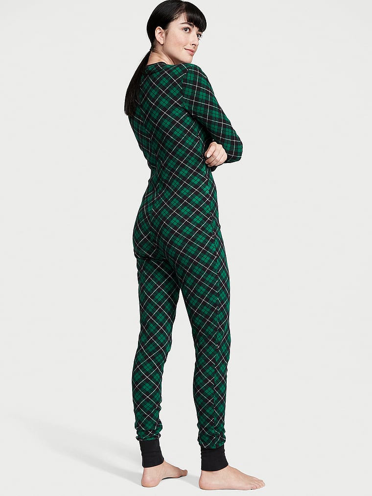 Victoria's Secret, Victoria's Secret Thermal Long Onesie, Spruce Plaid, onModelBack, 2 of 3 Rebecca is 5'9" or 175cm and wears S/Regular