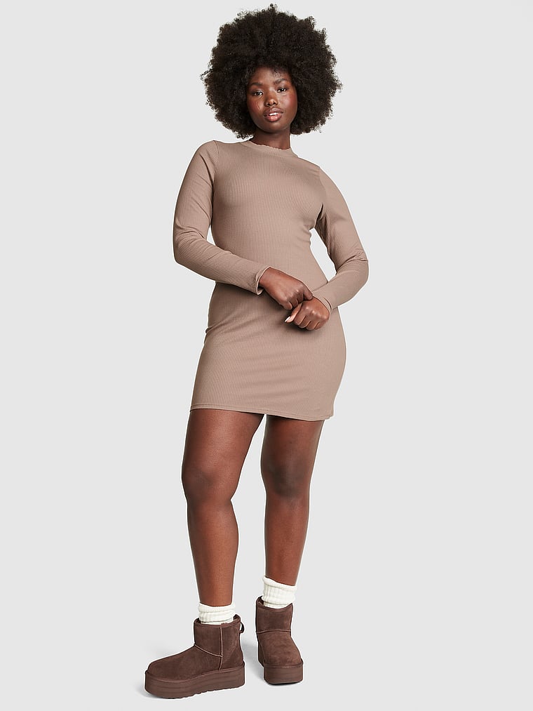 PINK Stretch Cotton Long-Sleeve Mock-Neck Dress, Iced Coffee, onModelFront, 1 of 3 Fanta is 5'11" or 180cm and wears 34D or Medium