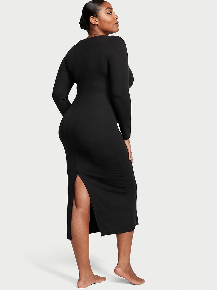 Victoria's Secret, Victoria's Secret Ribbed Modal Long-Sleeve Slip Dress, Black, onModelBack, 2 of 3 Brianna is 5'10" or 178cm and wears Extra Large