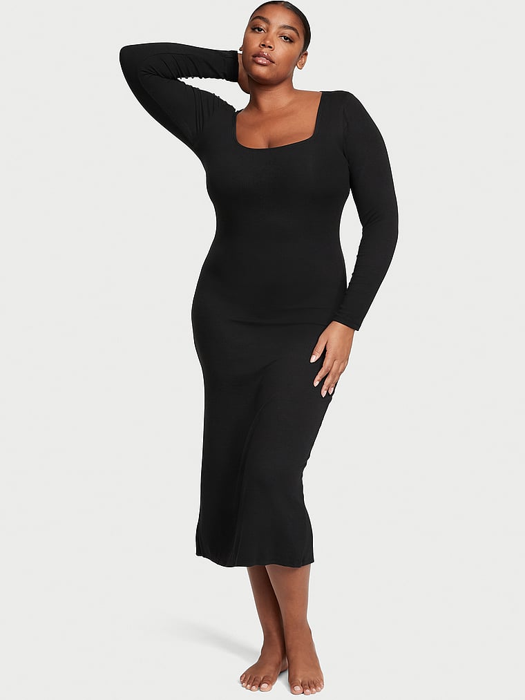 Victoria's Secret, Victoria's Secret Ribbed Modal Long-Sleeve Slip Dress, Black, onModelFront, 1 of 3 Brianna is 5'10" or 178cm and wears Extra Large
