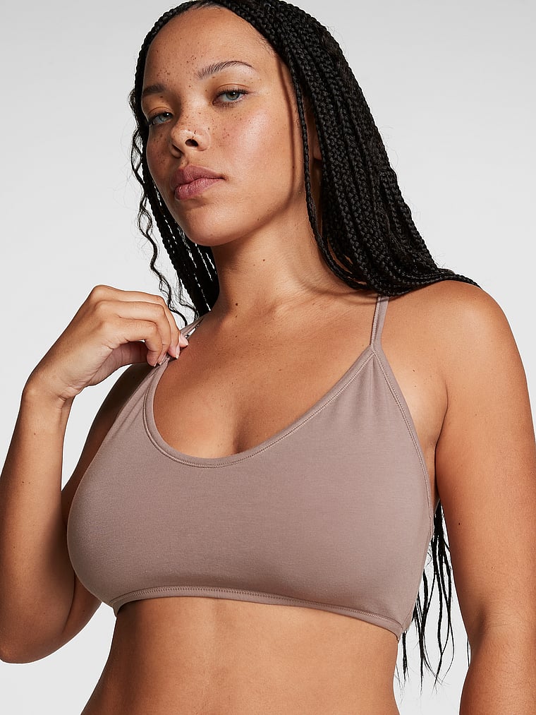 PINK Bralettes & Bra Tops Base Cotton Racerback Bralette, Iced Coffee, onModelFront, 1 of 4 Eden is 5'8" or 173cm and wears 34DD (E) or Large